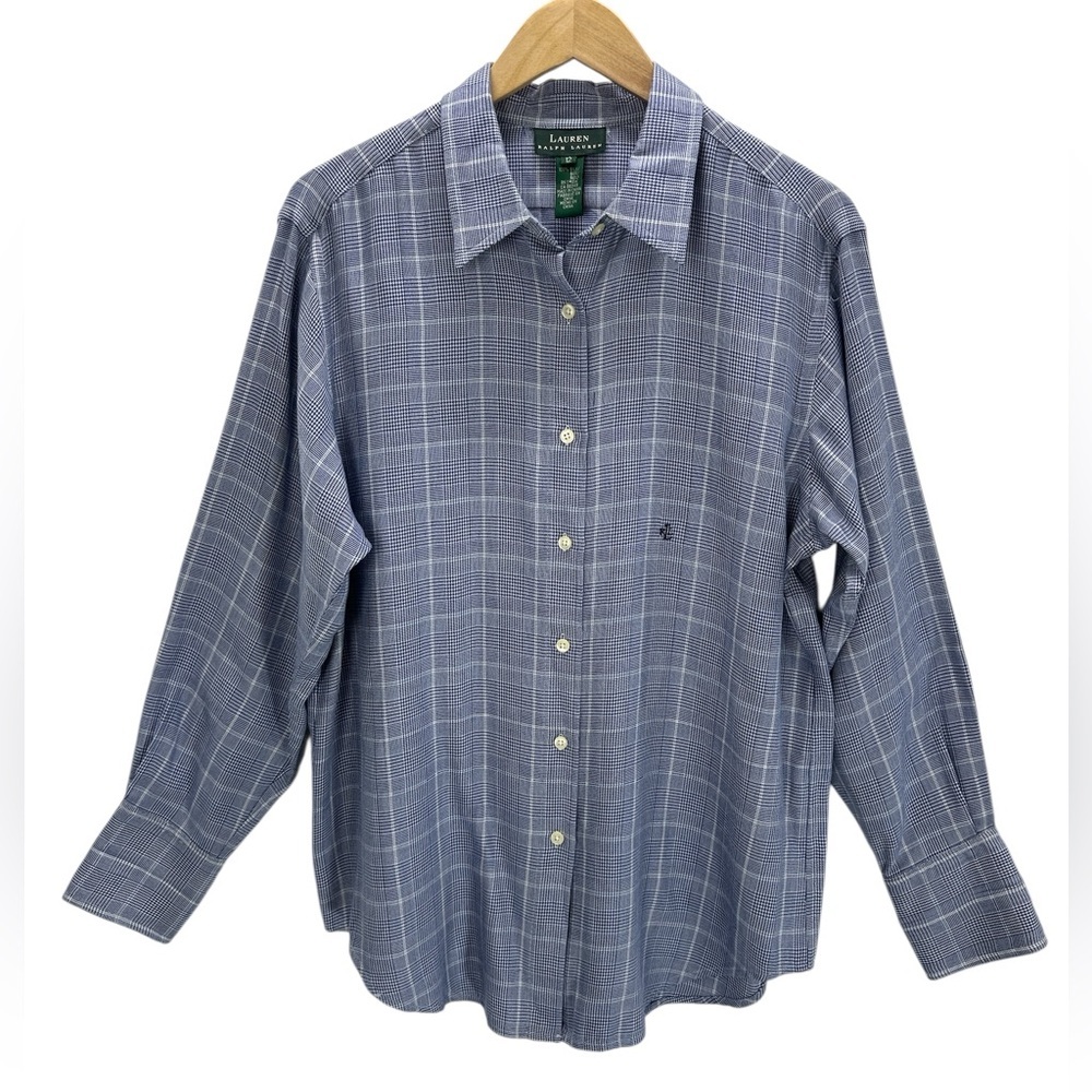 Lauren Ralph Lauren Silk Plaid Button Up Shirt Long Sleeve Blue Office Preppy 12